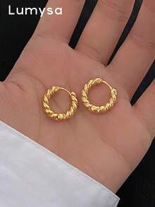 1 Pasang Anting Hoop Minimalis Modis dari Paduan Tembaga, Cocok untuk Dipakai Wanita Saat Berpergian Sehari-hari - Yellow Gold - View 2