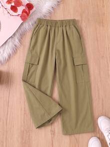 1pc Girls' Simple Solid Color Casual Multi-Pocket Long Straight Leg Polyester Cargo Pants, Suitable For 4-7 Years Old, Autumn/Winter Back To School Season - Camel - View 6