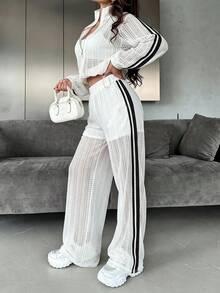 Women's Hollow Mesh Knit 2 Pieces Set, Zipper Short Jacket And Side Stripe Wide Leg Pants, Casual Sportswear - White - View 4