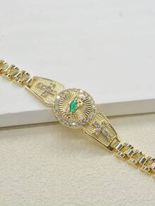 1pc Luxury Religious Style Alloy Gold-Plated Full Rhinestone Round Saint Jude Portrait Cross Chain Bracelet, Unisex Birthday Party Accessory, Christmas, Halloween - Gold - View 4