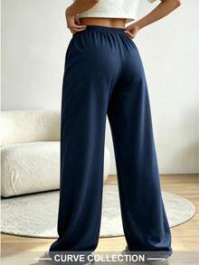 Plus Size Women's Solid Color Drawstring Waist Casual Daily Long Pants - Navy Blue - View 3