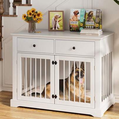 Large Dog Crate Furniture With 2 Drawers, 44 Inch Wooden Dog Kennel Indoor, Crate Furniture As Decorative End Table, Cage Furniture For Small Medium Large Dogs