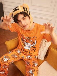 Notgurli 4pcs Brothers' Set: Men's Pajamas – Fun, Comfortable Animal Print: Tiger And Giraffe Loungewear For Autumn/Winter House Party - Multicolor - View 8