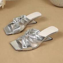 Silver Bow Square Toe Low Heel Slide Sandals PU Leather Bow Party Holiday Outdoor Wedding - Silver - View 3