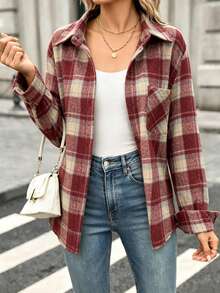 Women's Autumn/Winter Brushed Plaid Front Button Pocket Shirt, Casual Home Wear - Red - View 2