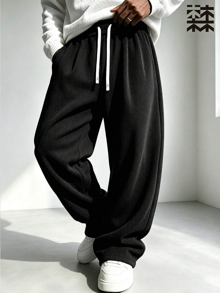 mulinsen Men's Corduroy Wide Leg Casual Pants, Colorblock Drawstring Elastic Waist Loose Drape Long Pants, Pocket Design Streetwear Style - Black - View 1