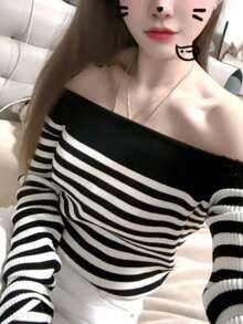 Women's Off-Shoulder Striped Knit Top, Autumn/Winter Slimming Base Layer, Sexy Cold Shoulder Contrast Color Sweater - Black and White Stripes - View 5