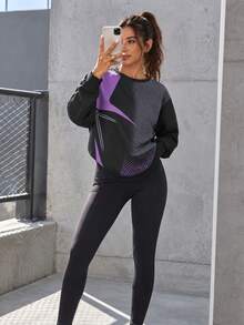 Women's Graphic Contrast Print Crew Neck Long Sleeve Relaxed Fit Pullover Sweatshirt For Training, Running And Fitness - Purple - View 5