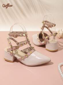 1 Pair Cream White Girls' Gold Rivet Decor Shiny PU Material Square Toe High-Top T-Strap Chunky Heel Cool Sandals Suitable For Summer Outfits, Parties, Banquets And Stage Performances 2026 New Style - Beige - View 6