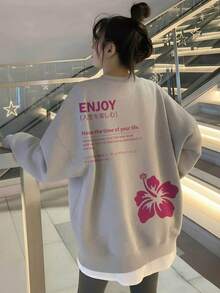 Sweatshirt Leher Bulat Motif Bunga Merah Muda Estetika Unik, Pullover Kasual Serbaguna Musim Gugur Warna Abu-abu Oatmeal Muda dengan Potongan Longgar - Light Grey - View 1