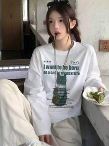 Niche Personalized Cat English Quote Print Long Sleeve T-Shirt, Minimalist All-Match White Stretch Slim Fit Versatile Autumn Base Layer - White - View 6