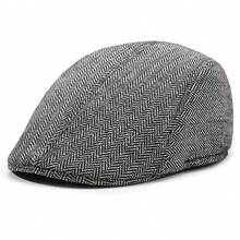 Men's Classic Newsboy Cap, Casual Vintage Beret, Herringbone Tweed Wool Hat - A - View 8