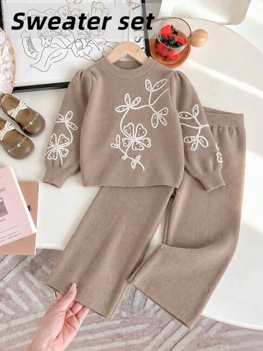 2pcs/Set 1pc Girls Elegant Solid Color Floral Embroidered Knit Pullover Sweater And 1pc Solid Color Knit Pants Set, Suitable For Daily Casual Wear In Spring, Autumn, Winter - Brown - View 1
