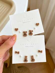 6 Pairs Women's Fashion Autumn/Winter Cute Flocked Bear & Rabbit Stud Earrings, Korean Style Cartoon Girl Flocked Earring Set - Multicolor - View 1