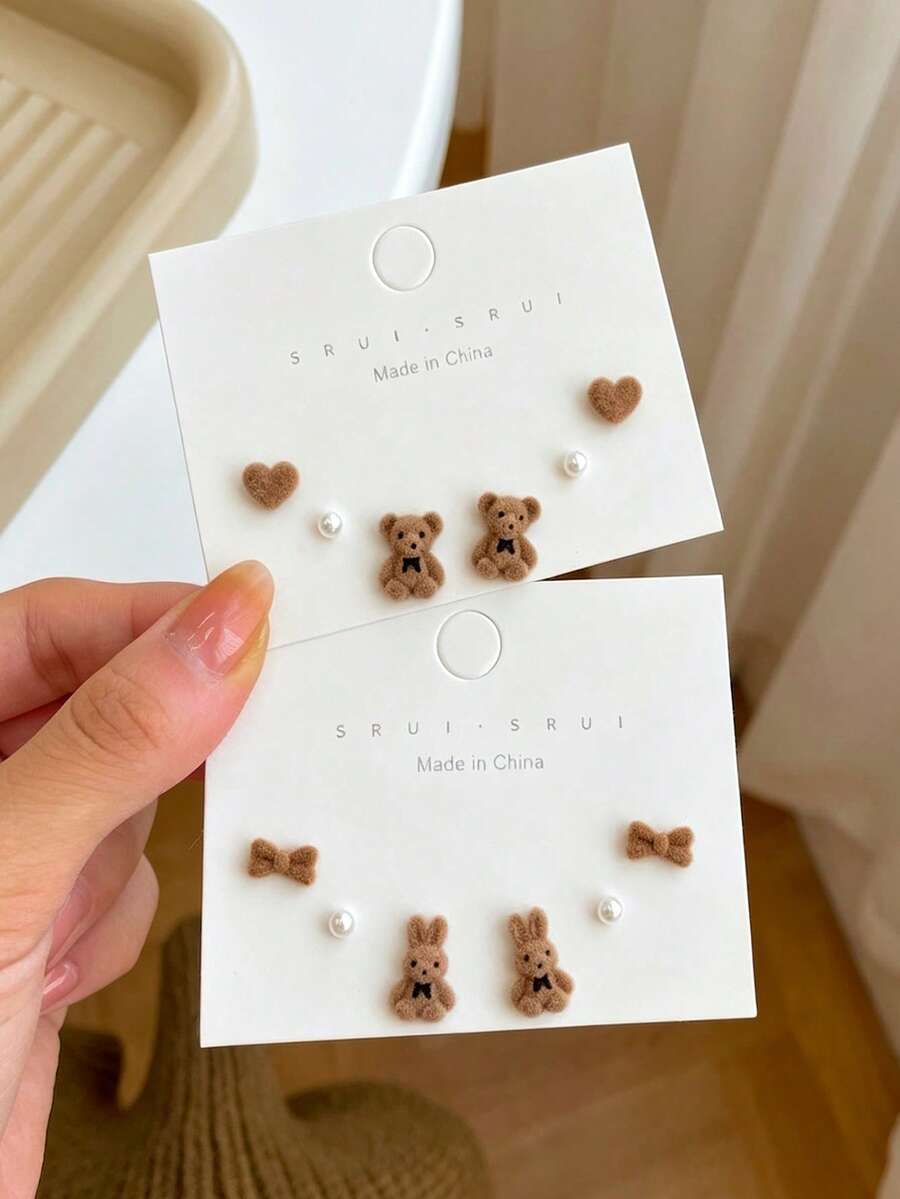 6 Pairs Women's Fashion Autumn/Winter Cute Flocked Bear & Rabbit Stud Earrings, Korean Style Cartoon Girl Flocked Earring Set - Multicolor - View 1