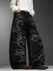Men's Japanese‑Style Jeans, Simple Embroidery On Front & Back, Baggy Wide‑Leg Trousers, Loose Daily Wear Pants For All Seasons (No Belt & Accessories) - Black - View 7