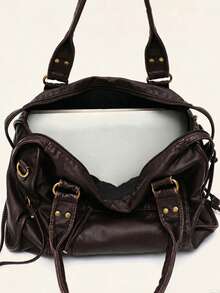 Soft Washed PU Leather, Zipper Closure, Large Capacity, Fits 13-Inch Laptop, Adjustable Shoulder Strap, Crossbody Shoulder Bag - Coffee - View 6