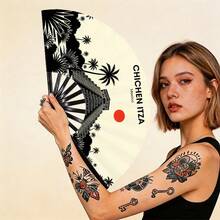Chichen Itza Mayan Pyramid Large Folding Fan, Mexican Landmark Silhouette Print Handheld Fan, Summer Beach Travel Photo Prop, Theme Party Accessory - Multicolor - View 3