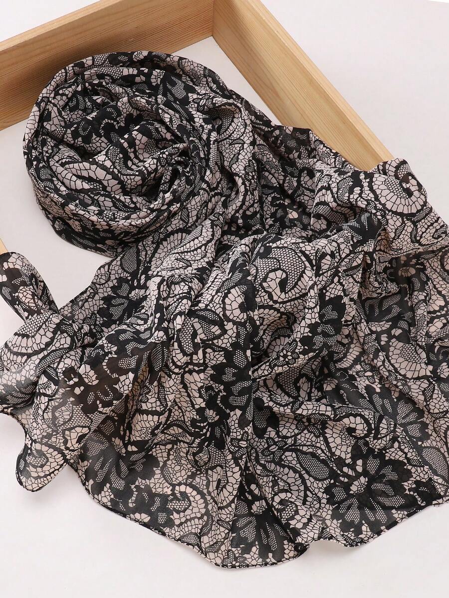 1pc Modest Hijab Chiffon Soft Lace Pattern Printed Muslim Hijab Shawl - Lace Print - View 1