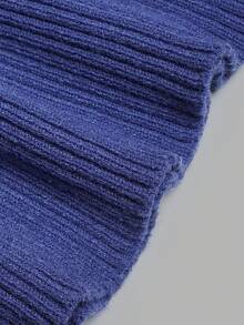Women Fall Elegant Blue Ribbed Knit Flare Long Sleeve Scalloped Hem Bodycon Mini Dress For Party & Going Out - Blue - View 5