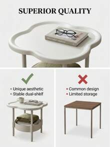 [Fashion Side Table]Minimalist Modern Plastic Side Table - Fashionable Modern Round Clover Side Table, Small Double-Layer Coffee Table With Storage Shelf | Space-Saving Clover Design Bedside Table - Suitable For Living Room, Study, Bedroom Storage And Organization - White - View 3