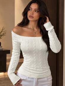 Yuwenier Elegant Casual Cold Shoulder Cable Knit Top, Long Sleeve Slim Fit Ribbed Hem Sweater, Autumn/Winter Commute Daily Wear - Beige - View 3