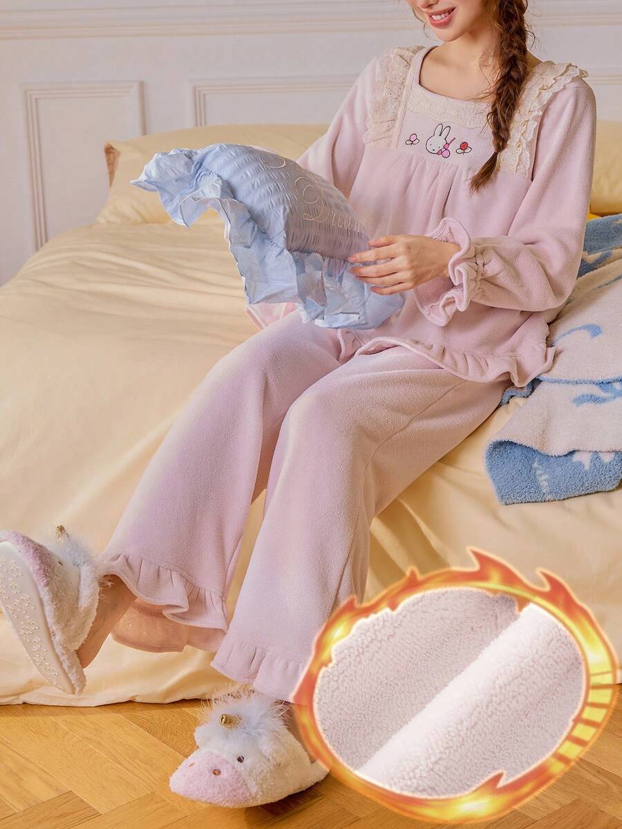 Gongdie 2 Pieces Miffy Women Fleece Pajama Sets,Winter Pink Soft Thick Plush Loungewear With Lace Square Neckline And Ruffle Hem - Pink - View 1