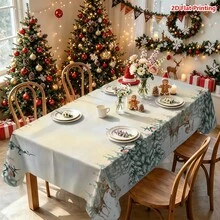 1件裝聖誕森林主題桌布，飾有雪松、馴鹿、狐狸、兔子、小屋與紅莓裝飾，適用於餐桌布置、廚房檯面裝飾、野餐露營墊、派對場景營造、農舍風裝飾、節日氛圍提升及日常桌面美化 - 彩色 - 查看 8