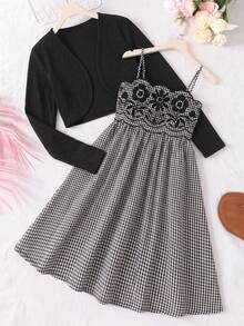 Girls 2pcs Set Dress And Jacket, Plaid College Style, Colorblock Ruffle Peter Pan Collar, Autumn Back To School Outfit - Multicolor - View 8