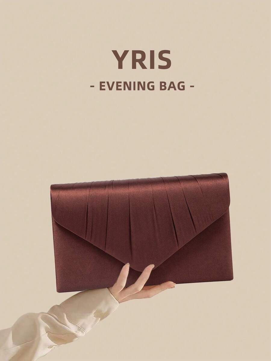 1pc Evening Clutch Bag, High-End Satin Fabric Envelope Style, With Flap Design, Suitable For Holidays, Vacation Season, Summer, Beach, Business Commute And Other Occasions, Multi-Functional Crossbody Bag, Casual Minimalist, Beach, Party, Vacation Essential - Coffee Brown - View 1