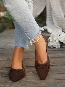 Women's Vintage Bow Pointed Toe Flat Shoes, Shallow Vamp Slip-On Commuter Versatile Shoes - Chocolate Brown - View 4