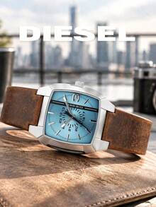 Diesel DZ1998 Men's Unique Square Watch, Silver Square Case, Light Blue Dial, Brown Strap, Unique Retro Urban Style, Suitable For Daily Wear - one-size - View 2