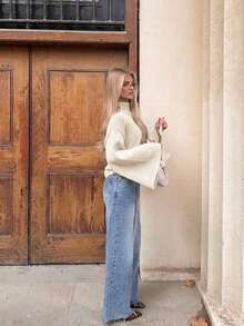 Women's Autumn/Winter Vintage Loose High Neck Bell Sleeve Knit Sweater - White - View 4