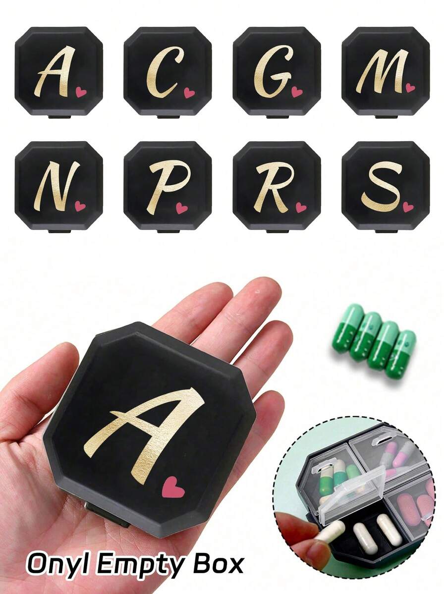 Portable Compartment Medicine Box With Gold-Foiled Letters A–Z, 6-Compartment Capsule Storage Box, Travel Pill Box, Travel Mini Pill Box, Travel Home Camping Outdoor Hiking Hunting Medicine Storage Box, Pill Box, Medical Bag Travel Accessories Dorm Essential (Empty Box Only)