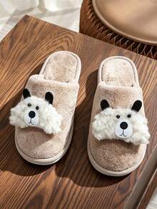 Women's Cute Cartoon Dog Plush House Slippers, Warm Indoor Slippers, Cozy Winter Slip-On Home Slippers - Style a - Khaki - View 6