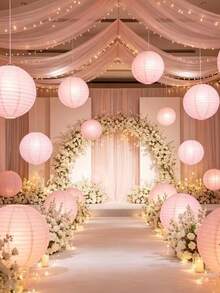 9pcs/Set Elegant Pink Paper Lanterns, Includes 9 Lanterns And 9 Stands, Round Handmade Foldable Decorations, Suitable For Weddings, Birthdays, Anniversaries, New Year Celebrations, Christmas Decor And Halloween Decor - As Shown - View 7