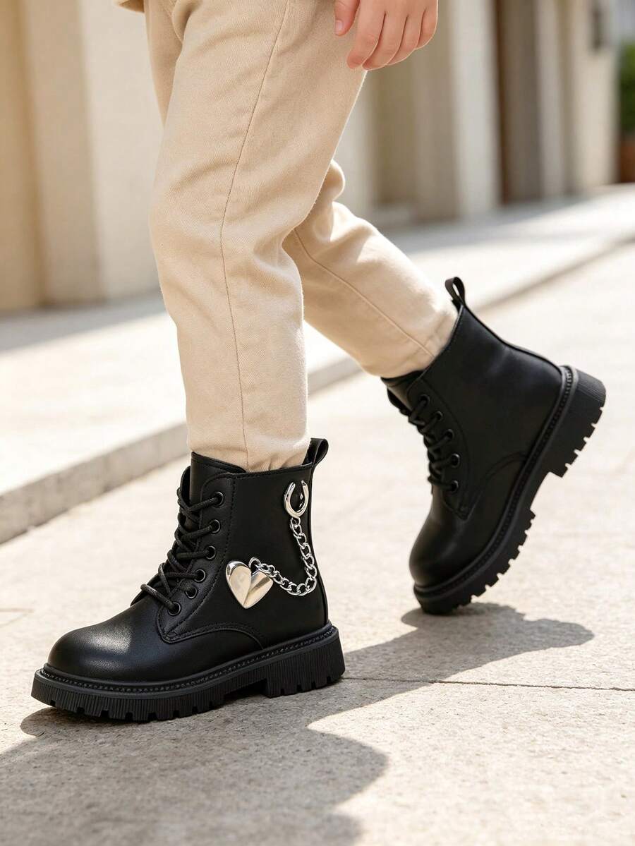 Botas infantiles de otoño nuevo estilo botas para niñas botas para niños medianos-grandes con cremallera lateral suela gruesa con cordones botas de motocicleta para niños antideslizantes estilo británico vintage botas de tobillo botas de media pantorrilla - Negro - Ver 1