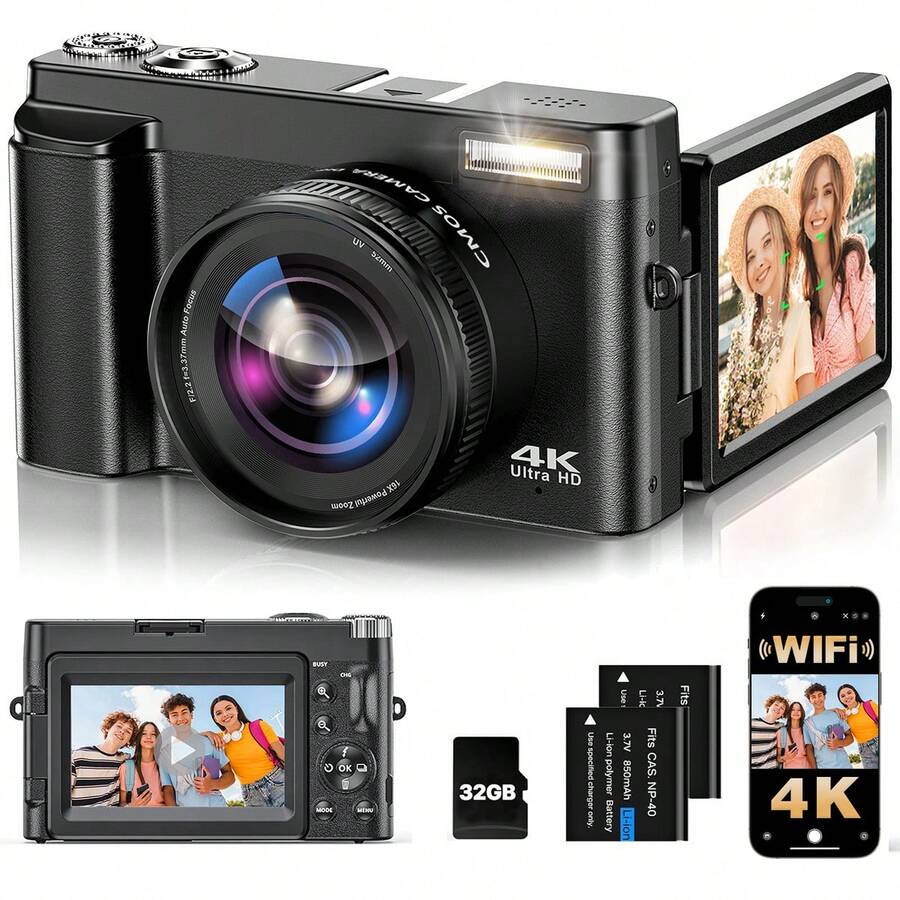 Nicamery 4K Digital Camera, Auto Focus, Upgraded 64MP WiFi Vlog Camera With 3-Inch 180° Flip Screen, 16x Digital Zoom, Portable Travel Camera For Beginners, Includes 2 Batteries, Black - Black - View 1