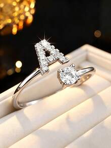 1pc 26-Letter Open Design Copper Zirconia Decorated Ring, Minimalist Style Versatile Index Finger Accessory For Women - Open Ring - View 1