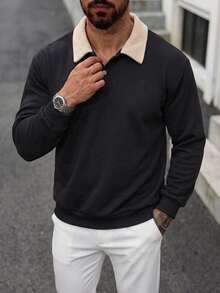 Men's Contrast Color Fleece Collar Polo Sweatshirt, Solid Color Button Placket Long Sleeve Drop Shoulder Casual Pullover Streetwear Top - Black - View 3