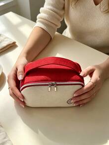SHISEIDO Dual-Color Makeup Bag With Top Handle, Portable And Durable, Suitable For Travel, Cosmetic And Toiletries Storage Bag, Ideal For Personal Use And Holiday Gifts SHISEIDO‑GIFT‑12 - Red + White - View 5