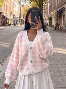 Women's Pink Houndstooth V-Neck Knit Cardigan Sweater Long Sleeve Loose Fit Jacket Autumn/Winter Date Outing Commute Versatile Style - White - View 1