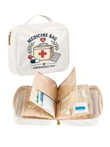 Large Capacity Medicine Bag With Vintage "Medicine" Print,Travel Portable First Aid Kit,Ring Binder Style Storage Bag,Multi-Pocket Medical Organizer - Multicolor - View 7