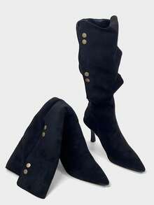Women's Pointed Toe Stiletto High Heel Slouchy Long Boots, Suede Slim-Fit Tall Boots, Western Style Side Zipper Riding Boots, 2026 Autumn/Winter Holiday - Black - View 3