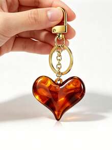 Vintage Amber Tortoise Shell Pattern Resin Heart-Shaped Keychain, Marial Brown Beaded Bag Charm - Multicolor - View 3