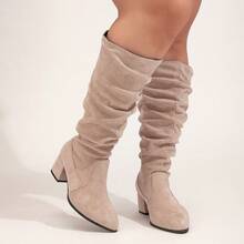 Women's Wide Fit Plus Size European Style Ruched Chunky Heel Boots, Vintage Versatile Chunky Wide Fit Slouch Boots, Suede-Like Fashion Mid-Heel Riding Boots, Wide Fit High Heels - Apricot Pleated - View 8