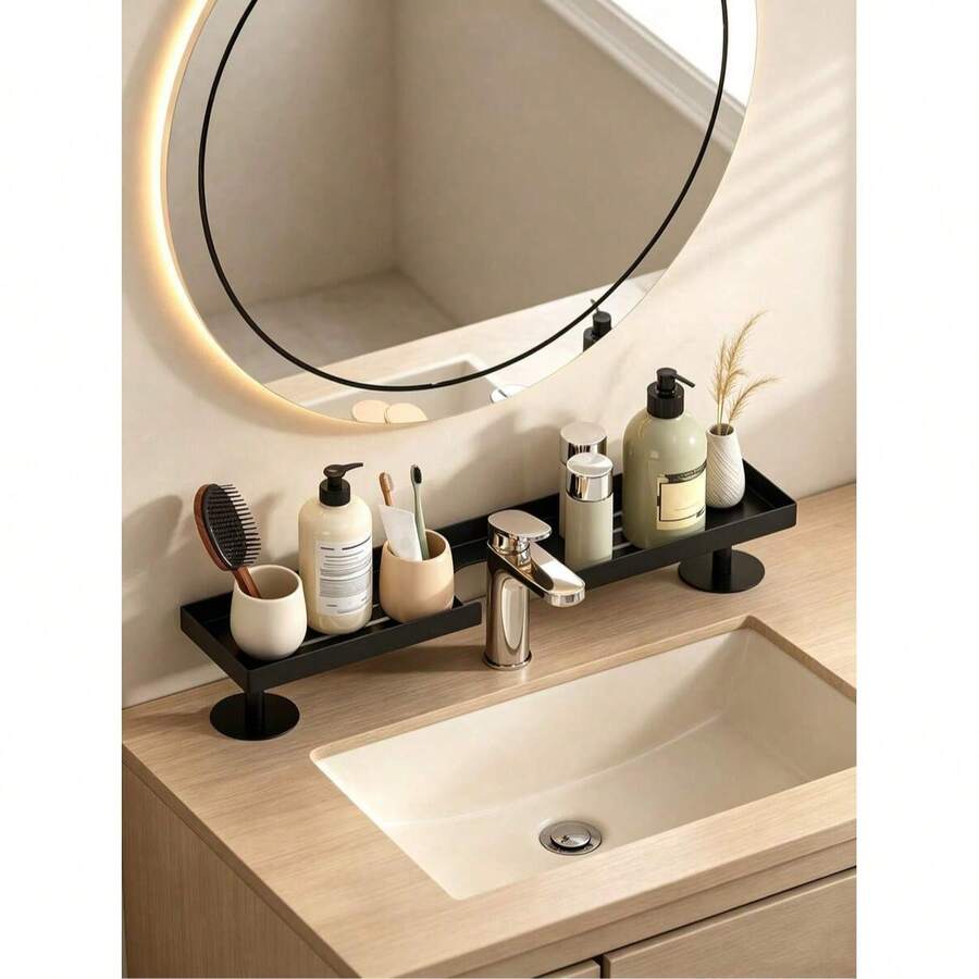 Bathroom Sink Storage Rack, Modern Minimalist Washbasin Organizer, Suitable For Toiletries And Skincare Products, Strong Load-Bearing Capacity, Hollow Design, Suitable For Kitchen Sink And Bathroom Sink - Black - View 1