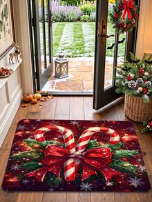Christmas Design Welcome Doormat, Holiday Candy Cane, Bow And Gift Pattern, Machine Washable Polyester Material, Non-Slip Backing, Suitable For Bathroom, Living Room, Bedroom, Kitchen, Office Decoration, Holiday Doormat | Holiday Welcome Doormat | Polyester Doormat - A - View 7