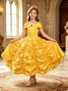 Young Girl Yellow Pleated Detail Princess Formal Dress - Multicolor - View 4