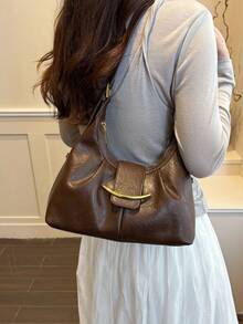 Fashionable Elegant Metal Buckle Decor Women's Shoulder Bag, High-End Minimalist Adjustable Strap Shoulder Bag/Crossbody Bag - Coffee Brown - View 3